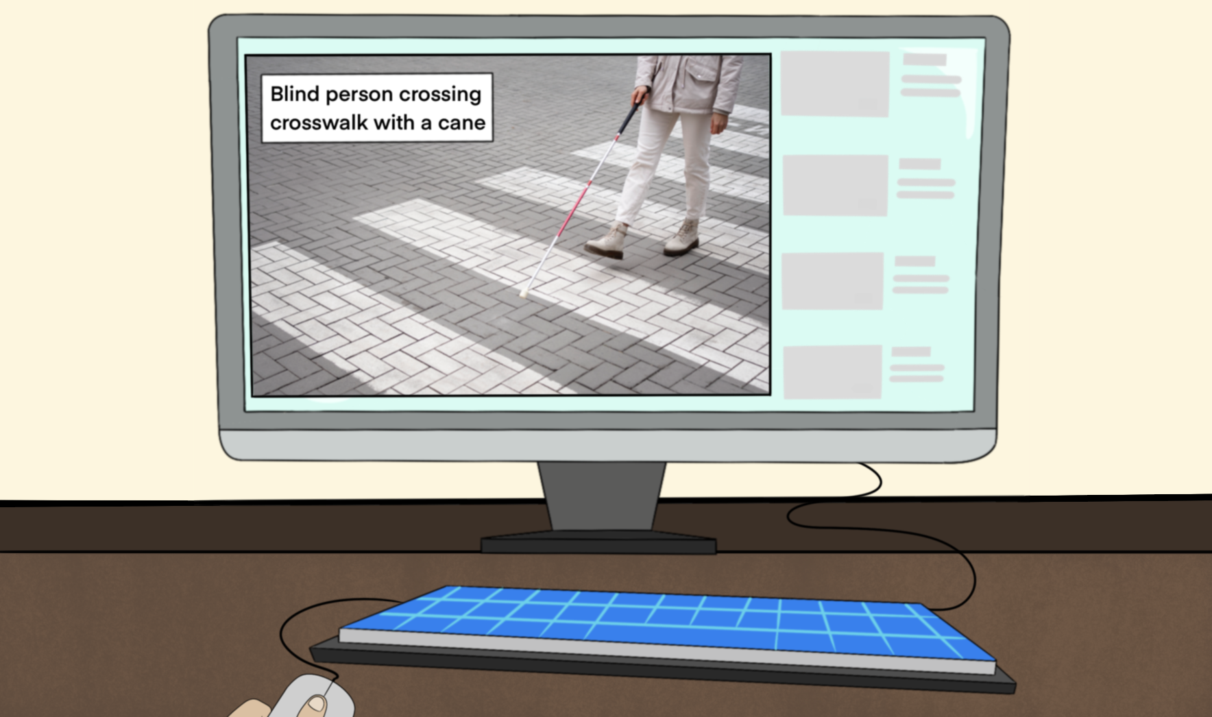 Computer screen showing image of blind person crossing the street
